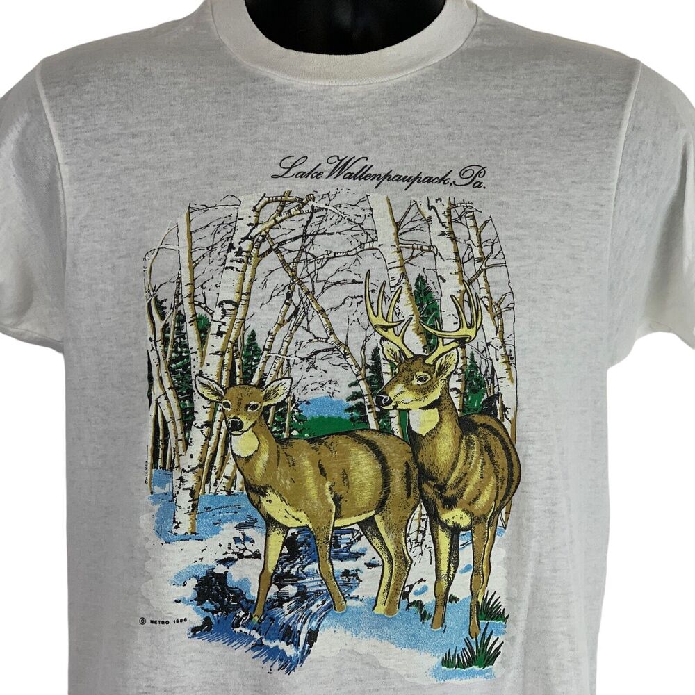 Vintage Lake Wallenpaupack Pennsylvania T Shirt Mens Small White 80s Deer Nature